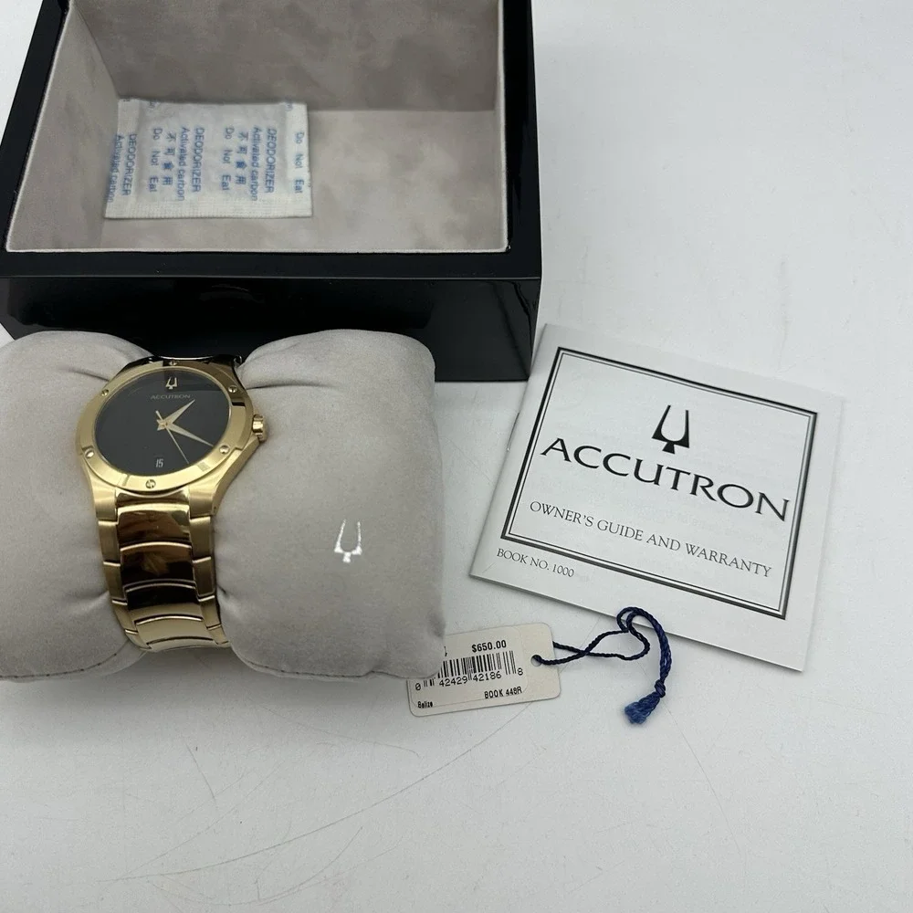 VTG 07 Accutron Belize Gold Tone Stainless Steel Watch Black Face 27B64 Ret $650